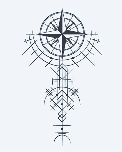 Geometric Compass Rose semi-permanent tattoo design by INKON – compass, star, geometric, line, patterns illustration, 4 x 7 in (10x17cm), available at inkon.co