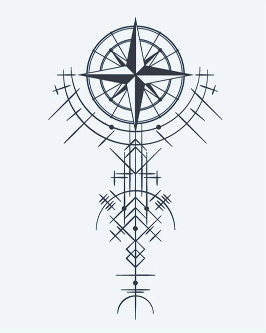 Geometric Compass Rose semi-permanent tattoo design by INKON – compass, star, geometric, line, patterns illustration, 4 x 7 in (10x17cm), available at inkon.co