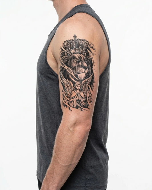 INKON Crowned Lion & Angel semi-permanent tattoo applied on a man – 4 x 7 in (10x17cm) design, realistic ink look, lasts 10 days