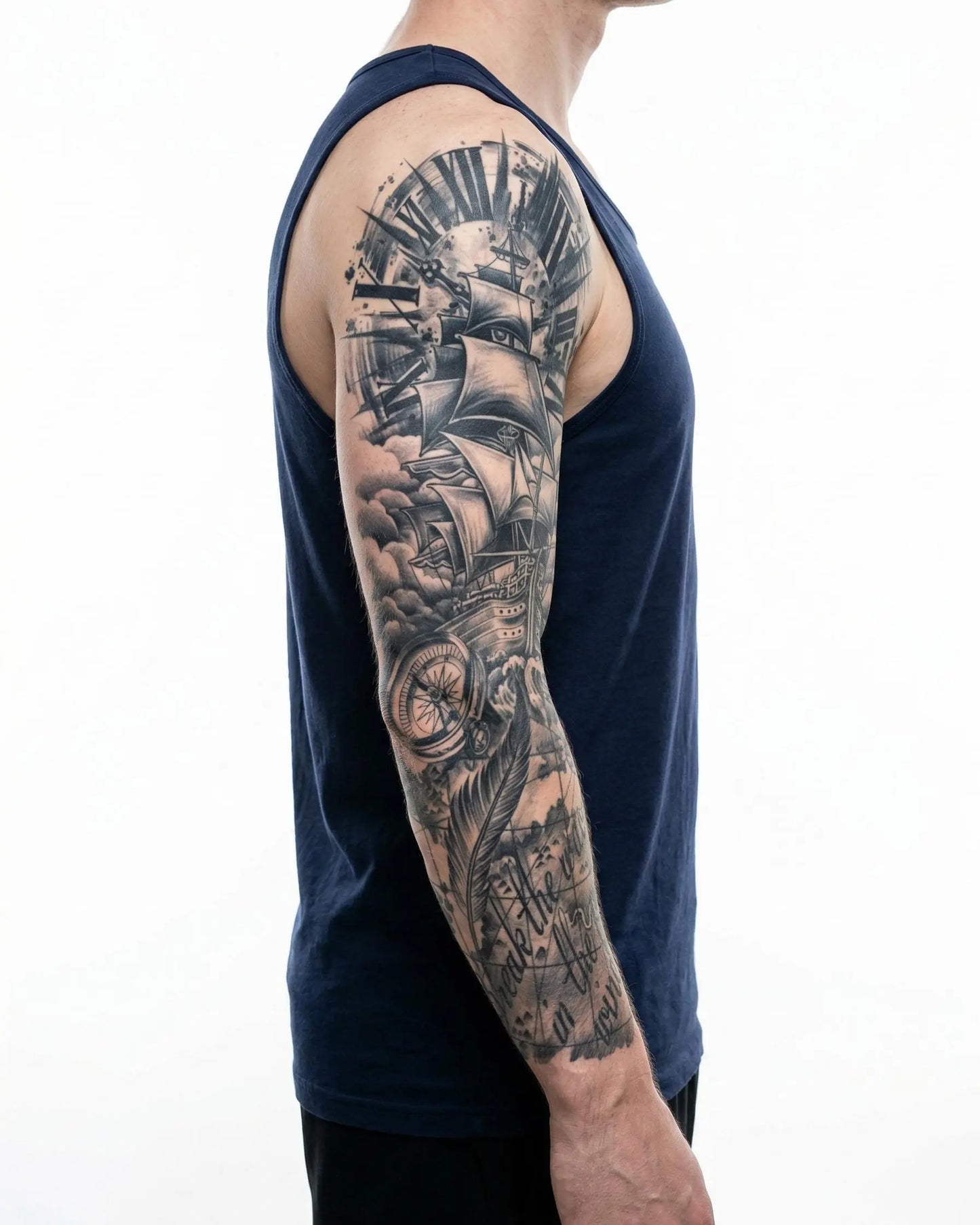 INKON Nautical Ship & Compass semi-permanent tattoo applied on a man – 8 x 20 in (20x50cm) design, realistic ink look, lasts 10 days