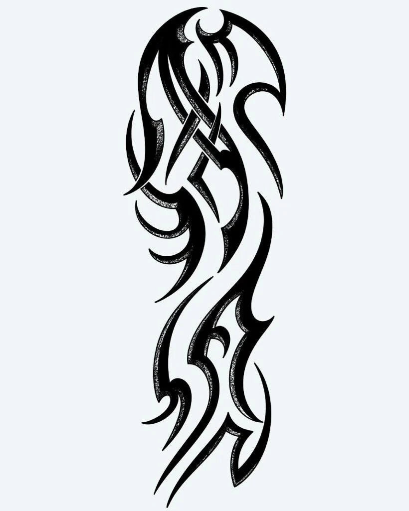 Flowing Tribal Sleeve semi-permanent tattoo design by INKON – dynamic, tribal, flowing, curves, pointed illustration, 8 x 20 in (20x50cm), available at inkon.co
