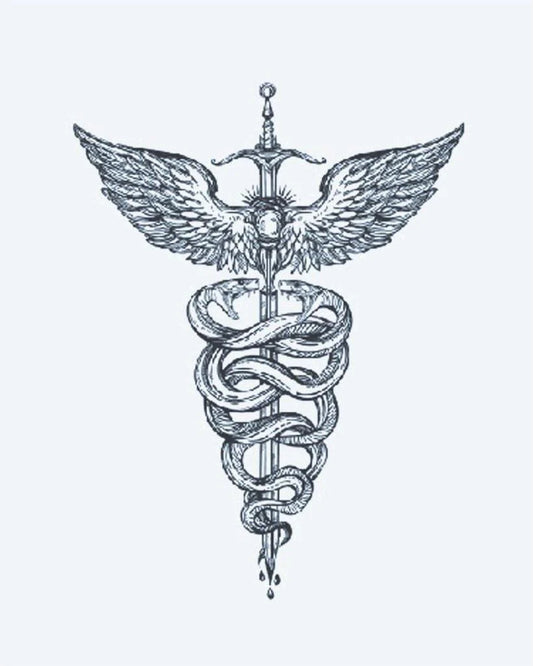 Caduceus Serpents & Sword semi-permanent tattoo design by INKON – elaborate, serpents, entwined, winged, sword illustration, 3 x 4 in (7x10cm), available at inkon.co