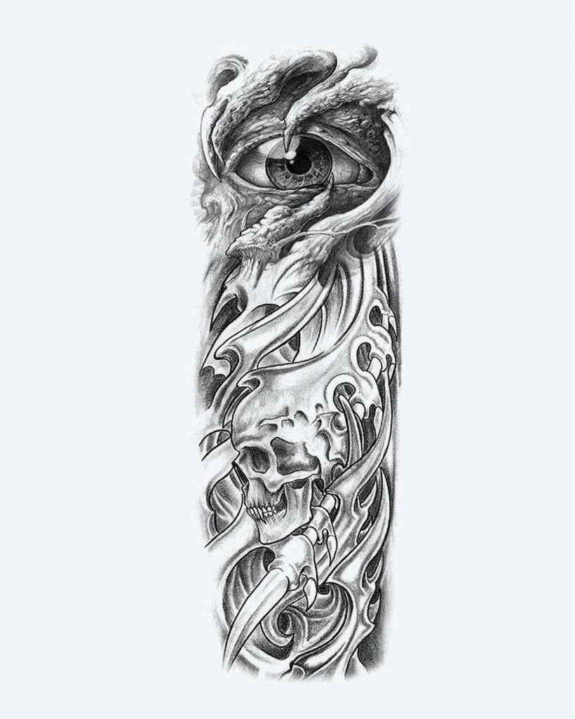 Dragon Eye & Skull semi-permanent tattoo design by INKON – dramatic, full, sleeve, piercing, dragon illustration, 8 x 20 in (20x50cm), available at inkon.co