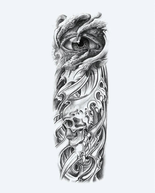 Dragon Eye & Skull semi-permanent tattoo design by INKON – dramatic, full, sleeve, piercing, dragon illustration, 8 x 20 in (20x50cm), available at inkon.co