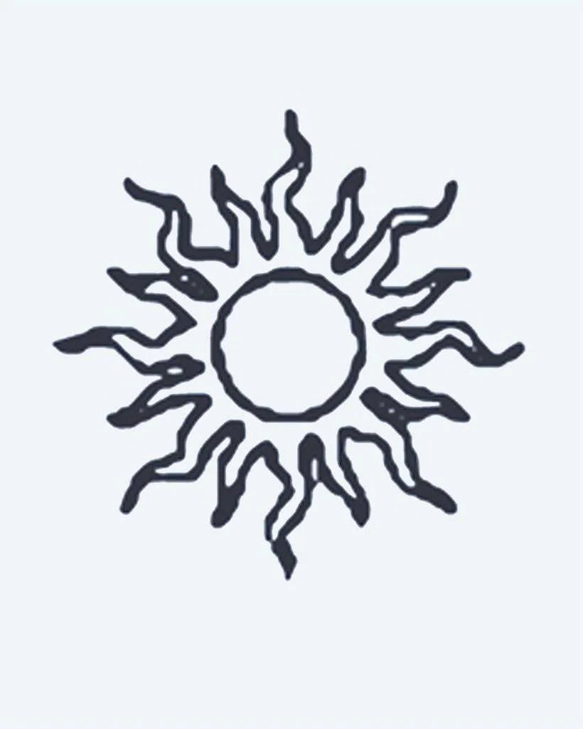 Sun semi-permanent tattoo design by INKON – wavy, organic, rays, radiating, circular illustration, 2 x 2 in (5x5cm), available at inkon.co