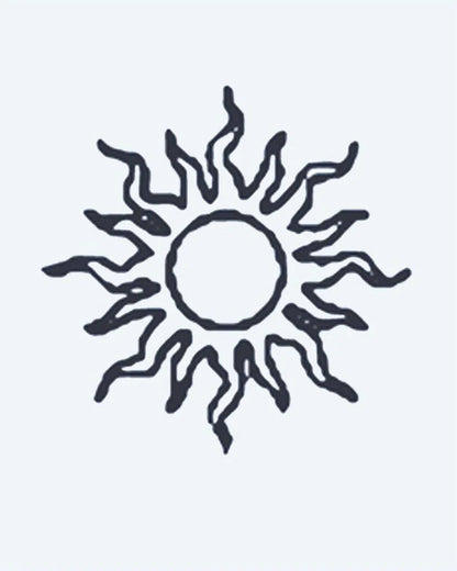 Sun semi-permanent tattoo design by INKON – wavy, organic, rays, radiating, circular illustration, 2 x 2 in (5x5cm), available at inkon.co