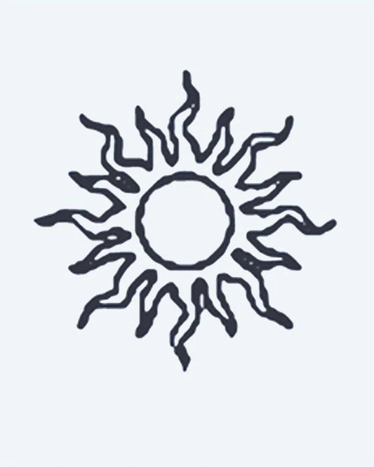 Sun semi-permanent tattoo design by INKON – wavy, organic, rays, radiating, circular illustration, 2 x 2 in (5x5cm), available at inkon.co