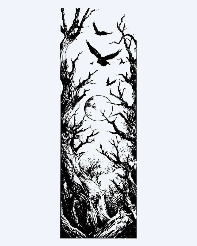 Dark Forest & Ravens semi-permanent tattoo design by INKON – atmospheric, gnarled, bare, trees, ravens illustration, 8 x 20 in (20x50cm), available at inkon.co