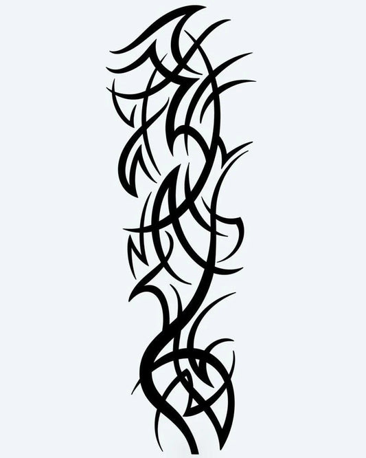 Tribal Thorns semi-permanent tattoo design by INKON – tribal, intertwined, thorny, vines, sharp illustration, 8 x 20 in (20x50cm), available at inkon.co