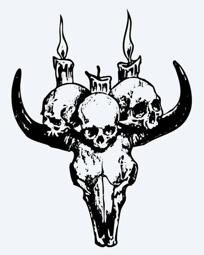 Bull Skull & Candles semi-permanent tattoo design by INKON – ritual, bull, skull, crowned, human illustration, 4 x 4 in (9x9cm), available at inkon.co