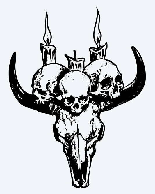 Bull Skull & Candles semi-permanent tattoo design by INKON – ritual, bull, skull, crowned, human illustration, 4 x 4 in (9x9cm), available at inkon.co
