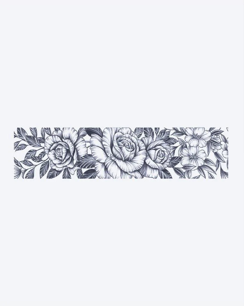 Rose Garden Band semi-permanent tattoo design by INKON – lush, horizontal, band, blooming, roses illustration, 2 x 9 in (5x23cm), available at inkon.co