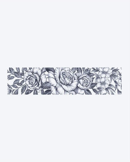 Rose Garden Band semi-permanent tattoo design by INKON – lush, horizontal, band, blooming, roses illustration, 2 x 9 in (5x23cm), available at inkon.co