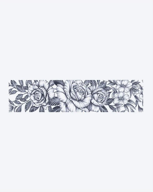 Rose Garden Band semi-permanent tattoo design by INKON – lush, horizontal, band, blooming, roses illustration, 2 x 9 in (5x23cm), available at inkon.co
