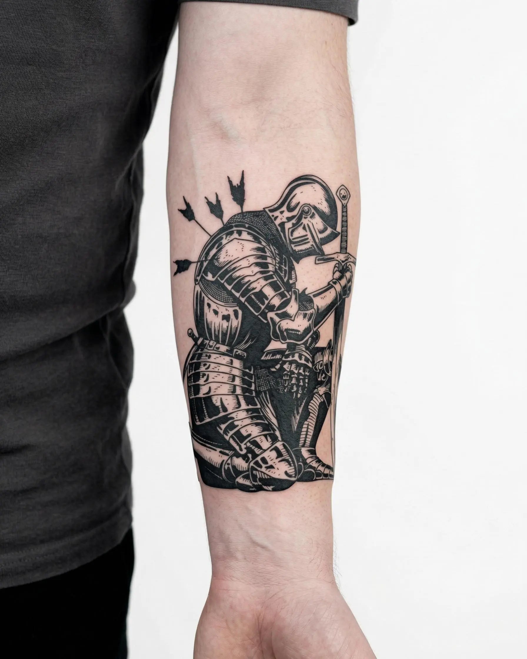 INKON Fallen Knight semi-permanent tattoo applied on a man – 4 x 7 in (10x17cm) design, realistic ink look, lasts 10 days