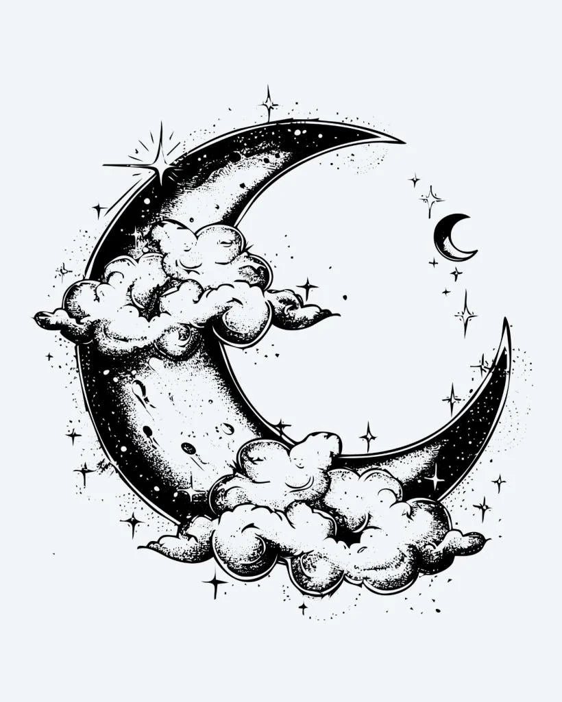 Crescent Moon & Clouds semi-permanent tattoo design by INKON – dreamy, crescent, moon, cradled, soft illustration, 4 x 4 in (9x9cm), available at inkon.co