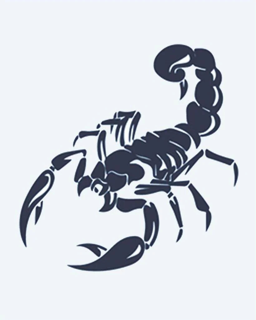 Striking Scorpion semi-permanent tattoo design by INKON – dynamic, scorpion, pose, raised, tail illustration, 2 x 2 in (5x5cm), available at inkon.co