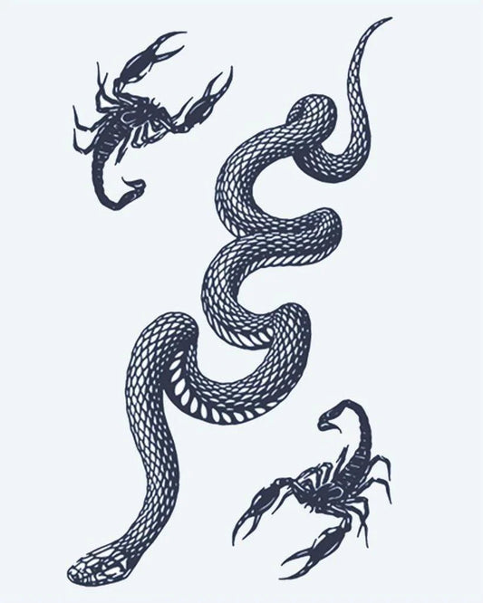Snake & Scorpions semi-permanent tattoo design by INKON – coiling, snake, scorpions, illustrative, versatile illustration, 4 x 7 in (10x17cm), available at inkon.co