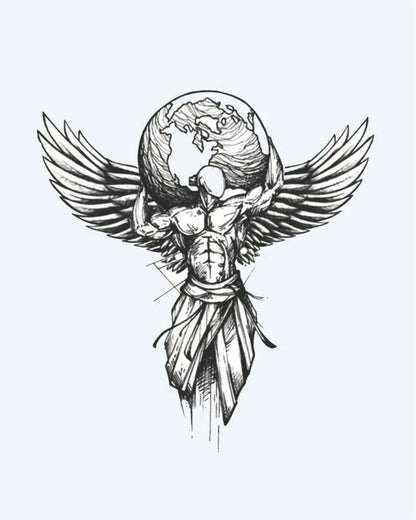 Winged Atlas semi-permanent tattoo design by INKON – winged, figure, holding, globe, illustrative illustration, 4 x 8 in (11x21cm), available at inkon.co