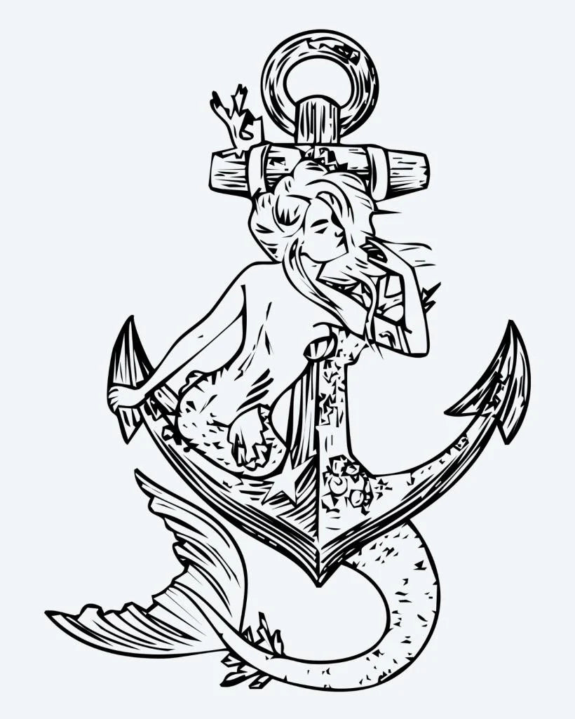 Mermaid & Anchor semi-permanent tattoo design by INKON – mermaid, draped, over, nautical, anchor illustration, 4 x 7 in (10x17cm), available at inkon.co