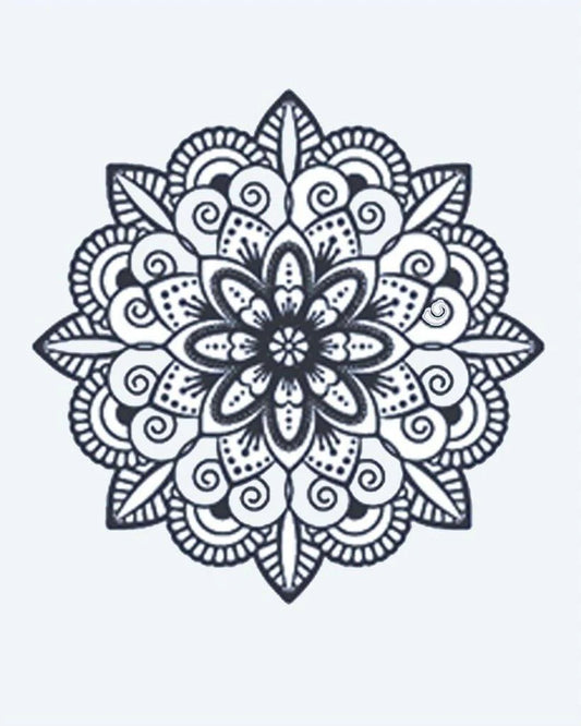 Mandala Flower semi-permanent tattoo design by INKON – mandala, flower, layered, petal, patterns illustration, 2 x 2 in (5x5cm), available at inkon.co