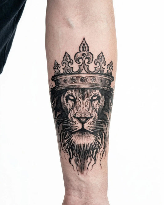 INKON Crowned Lion semi-permanent tattoo applied on a man – 4 x 7 in (10x17cm) design, realistic ink look, lasts 10 days