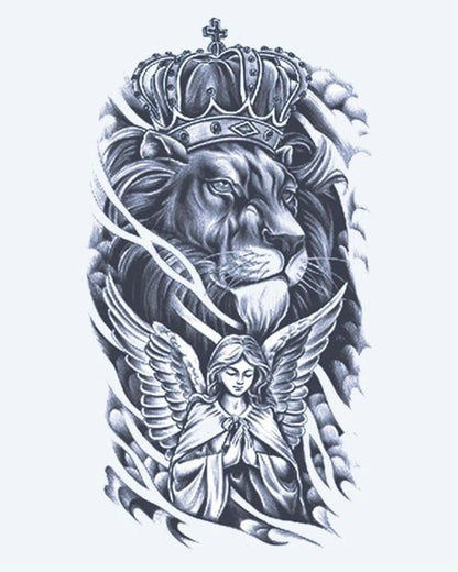 Crowned Lion & Angel semi-permanent tattoo design by INKON – majestic, crowned, lion, above, praying illustration, 4 x 7 in (10x17cm), available at inkon.co