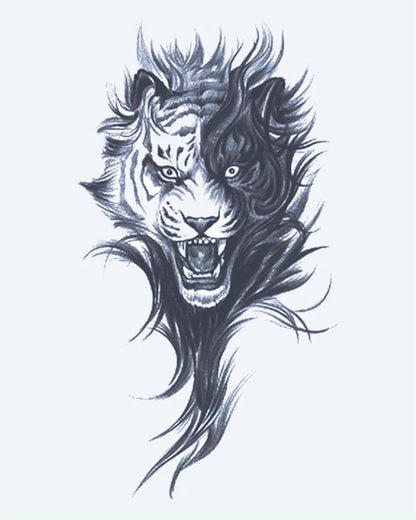 Roaring Tiger semi-permanent tattoo design by INKON – ferocious, roaring, tiger, head, dramatic illustration, 4 x 7 in (10x17cm), available at inkon.co