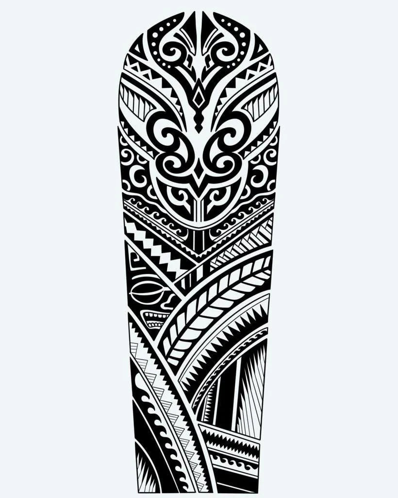 Polynesian Bold Sleeve semi-permanent tattoo design by INKON – samoan, packed, patterns, sharp, edges illustration, 8 x 20 in (20x50cm), available at inkon.co