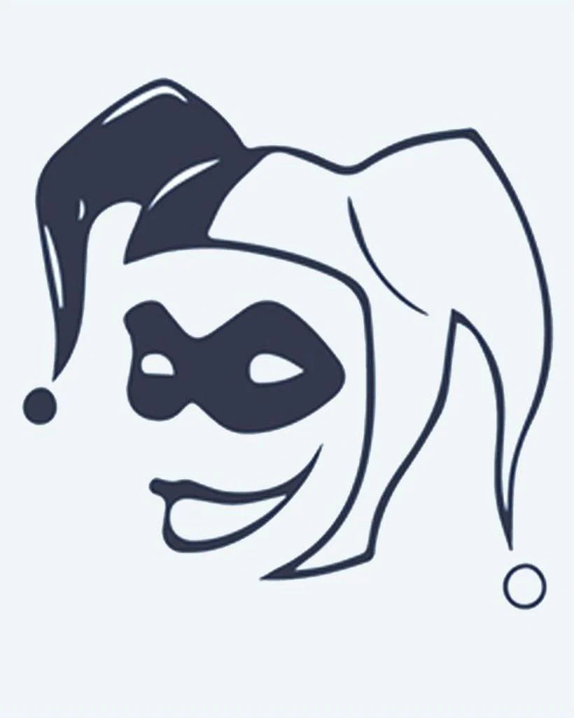 Jester Face semi-permanent tattoo design by INKON – mischievous, jester, face, wearing, pointed illustration, 2 x 2 in (5x5cm), available at inkon.co