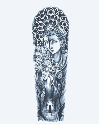 Guardian Angel & Cathedral semi-permanent tattoo design by INKON – ethereal, full, sleeve, classical, statue illustration, 8 x 20 in (20x50cm), available at inkon.co