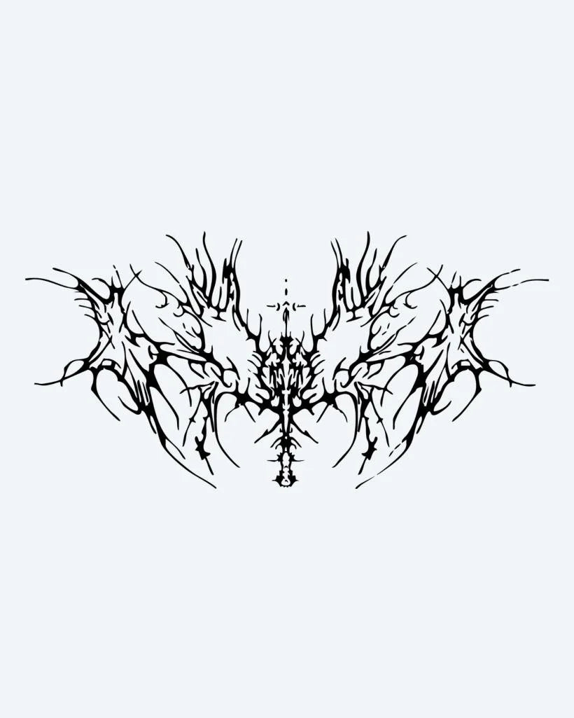 Dark Thorns Spread semi-permanent tattoo design by INKON – symmetrical, abstract, thorny, sharp, organic illustration, 4 x 8 in (11x21cm), available at inkon.co