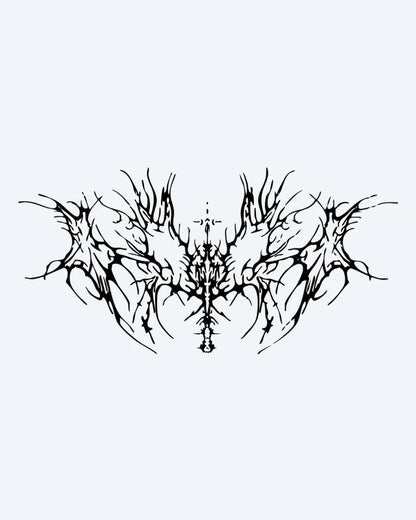 Dark Thorns Spread semi-permanent tattoo design by INKON – symmetrical, abstract, thorny, sharp, organic illustration, 4 x 8 in (11x21cm), available at inkon.co