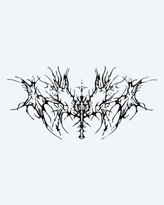 Dark Thorns Spread semi-permanent tattoo design by INKON – symmetrical, abstract, thorny, sharp, organic illustration, 4 x 8 in (11x21cm), available at inkon.co