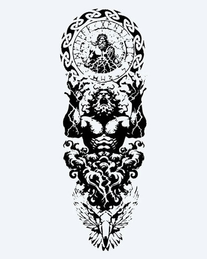 Atlas & Zodiac semi-permanent tattoo design by INKON – muscular, atlas, figure, holding, heavens illustration, 8 x 20 in (20x50cm), available at inkon.co