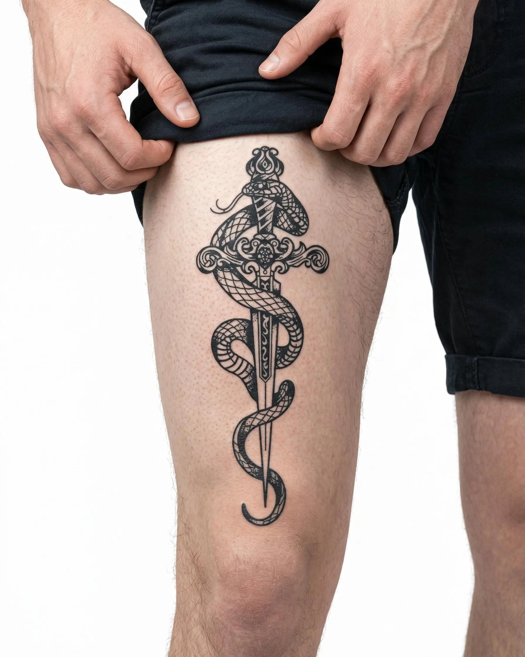 INKON Snake & Ornate Dagger semi-permanent tattoo applied on a man – 4 x 8 in (11x21cm) design, realistic ink look, lasts 10 days