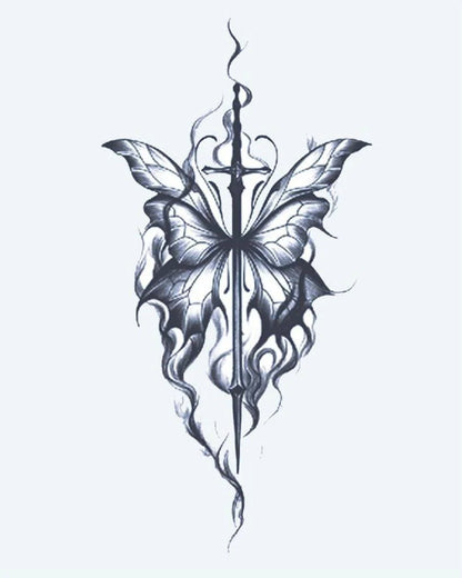 Butterfly & Sword semi-permanent tattoo design by INKON – butterfly, wings, pierced, long, sword illustration, 4 x 7 in (10x17cm), available at inkon.co