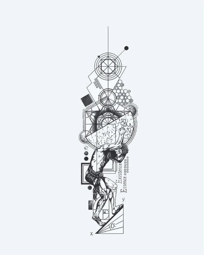 Atlas & Sacred Geometry semi-permanent tattoo design by INKON – blending, atlas, carrying, world, sacred illustration, 4 x 8 in (11x21cm), available at inkon.co
