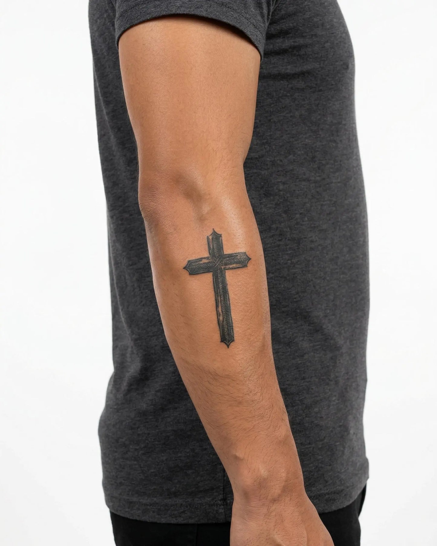 INKON Rustic Cross semi-permanent tattoo applied on a man – 3 x 4 in (6x11cm) design, realistic ink look, lasts 10 days