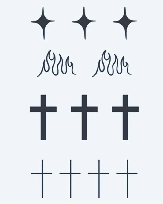 Stars, Flames & Crosses semi-permanent tattoo design by INKON – minimalist, sheet, four, point, stars illustration, 3 x 4 in (6x11cm), available at inkon.co