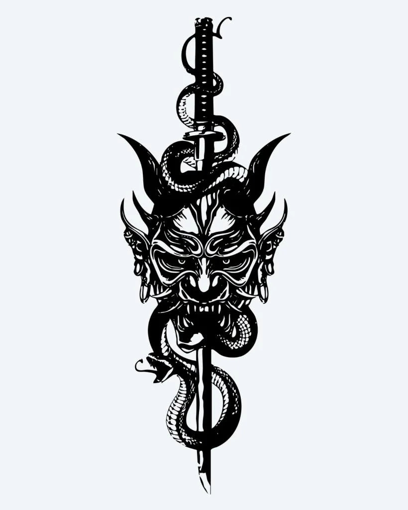 Oni Mask & Serpent Dagger semi-permanent tattoo design by INKON – menacing, japanese, demon, mask, horns illustration, 4 x 8 in (11x21cm), available at inkon.co
