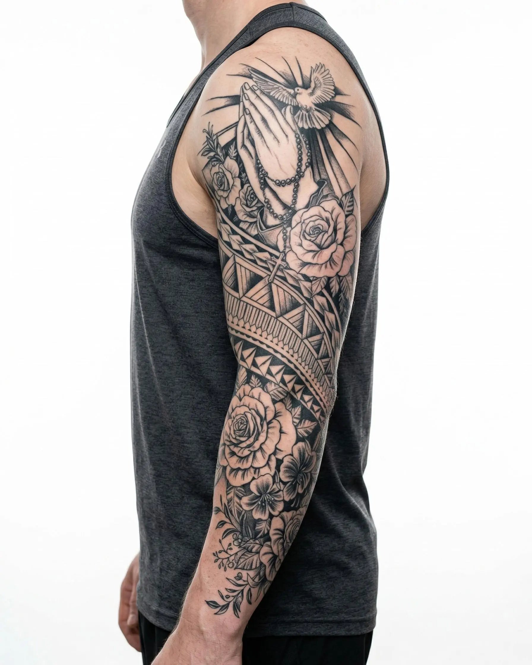 INKON Praying Hands, Dove & Tribal Roses semi-permanent tattoo applied on a man – 8 x 20 in (20x50cm) design, realistic ink look, lasts 10 days