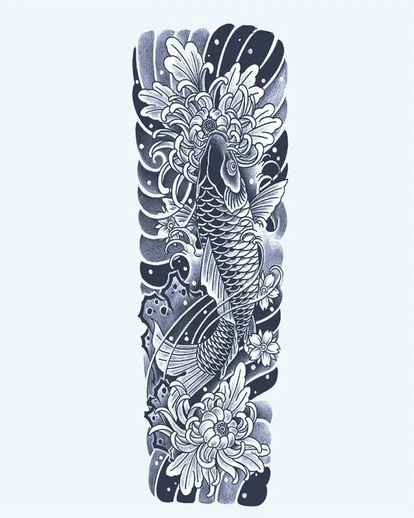 Koi Fish & Chrysanthemum Sleeve semi-permanent tattoo design by INKON – japanese, irezumi, full, sleeve, fish illustration, 8 x 20 in (20x50cm), available at inkon.co