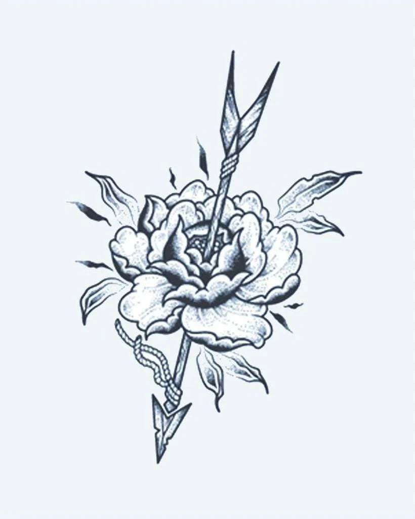 Rose & Arrow semi-permanent tattoo design by INKON – blooming, peony, rose, pierced, arrow illustration, 3 x 4 in (7x10cm), available at inkon.co