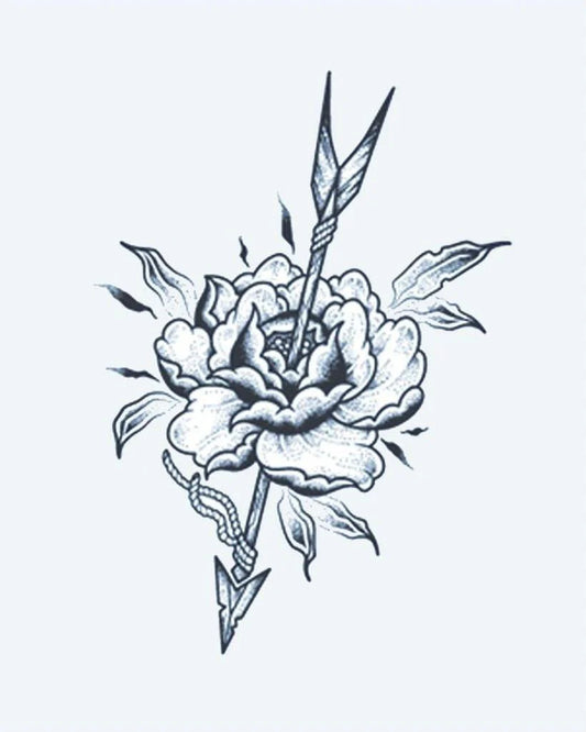 Rose & Arrow semi-permanent tattoo design by INKON – blooming, peony, rose, pierced, arrow illustration, 3 x 4 in (7x10cm), available at inkon.co