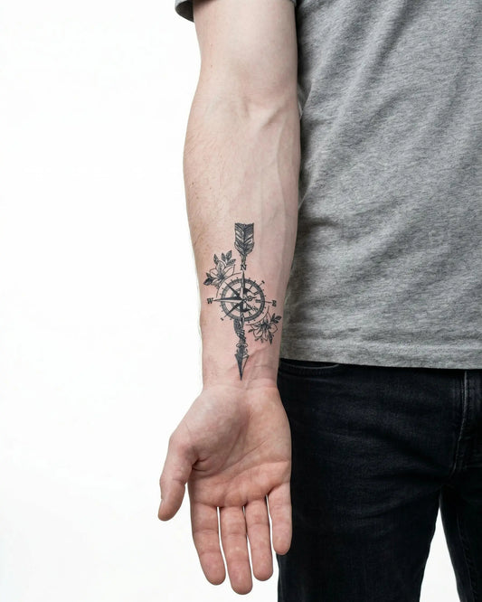 INKON Floral Compass & Arrow semi-permanent tattoo applied on a man – 3 x 4 in (6x11cm) design, realistic ink look, lasts 10 days