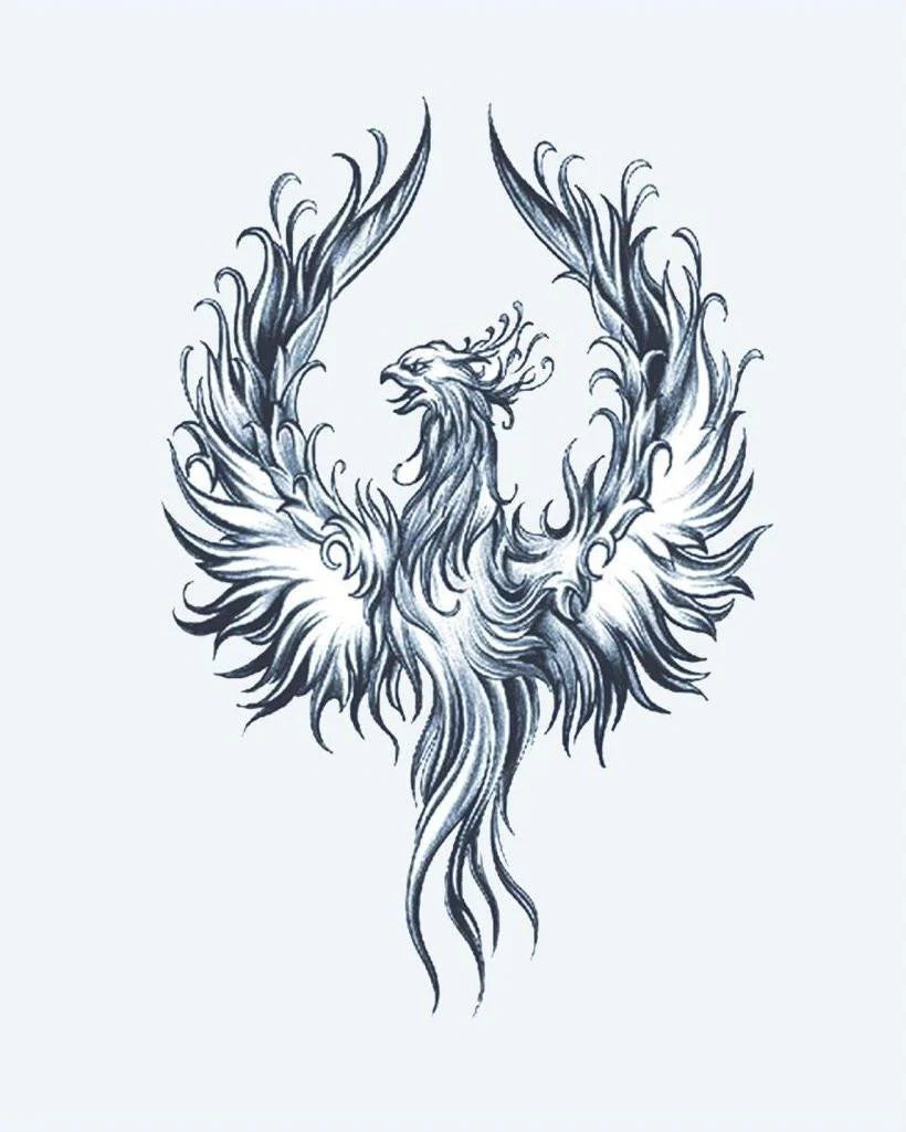 Phoenix Rising 2 semi-permanent tattoo design by INKON – magnificent, phoenix, spread, wings, flowing illustration, 4 x 8 in (11x21cm), available at inkon.co