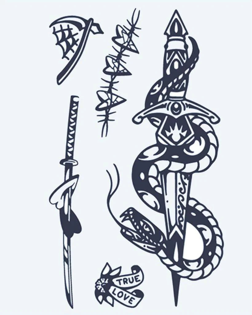 Snake & Dagger Flash Sheet semi-permanent tattoo design by INKON – flash, sheet, snake, coiled, dagger illustration, 4 x 7 in (10x17cm), available at inkon.co