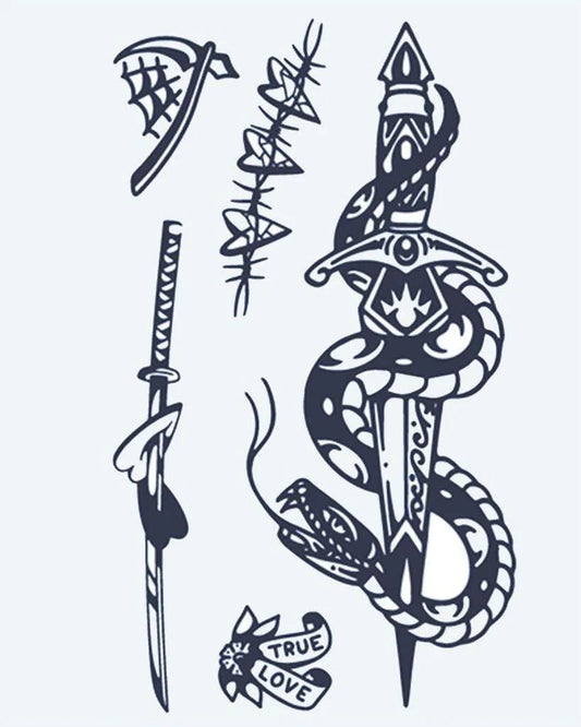 Snake & Dagger Flash Sheet semi-permanent tattoo design by INKON – flash, sheet, snake, coiled, dagger illustration, 4 x 7 in (10x17cm), available at inkon.co