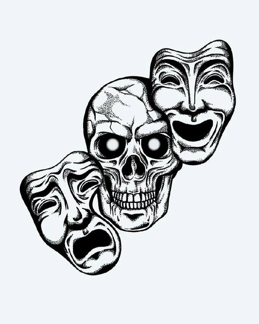 Skull & Drama Masks semi-permanent tattoo design by INKON – dotwork, shading, defines, chicano, skull illustration, 4 x 7 in (10x17cm), available at inkon.co